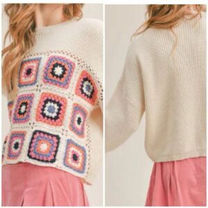 Sadie & Sage Floral Granny Crochet Sweater Relaxed Retro Contemporary Small